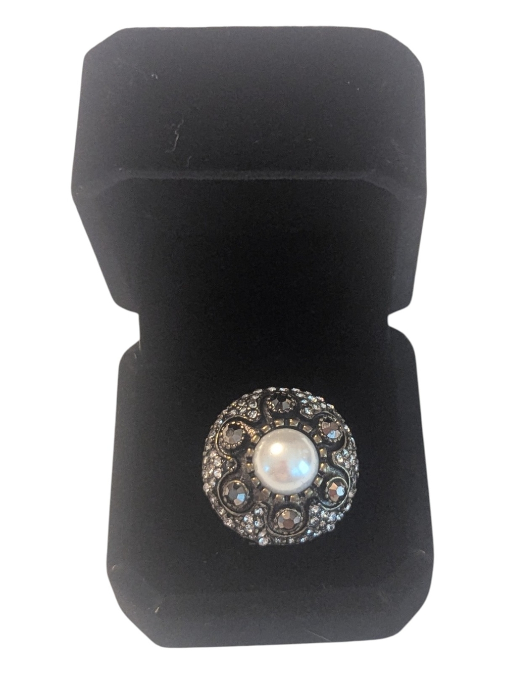 Rare VTG Art Deco Dome Pearl, Smokey & White Rhinestones Cocktail Statement